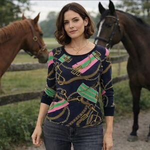 Ralph Lauren Navy Blue Top with Pink and Green Chain Print
